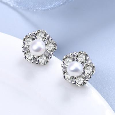 S925 Sterling Silver Pearl Earrings Korean Style Diamond Flower Small and Versatile Silver Ear Jewelry