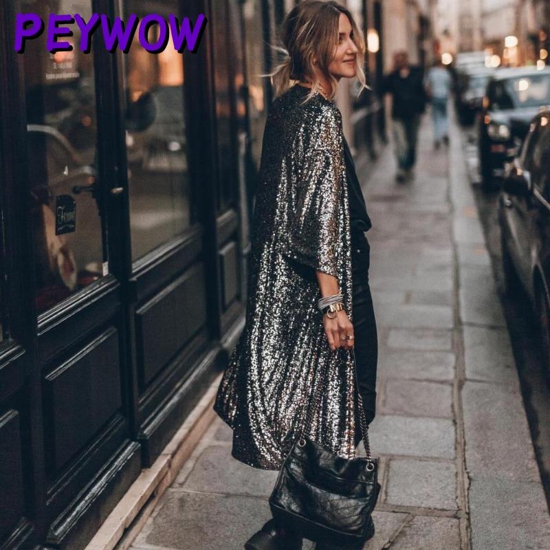 PEYWOW Dámské vintage ležérní jednobarevné bundy a kabáty podzim zima s dlouhým rukávem