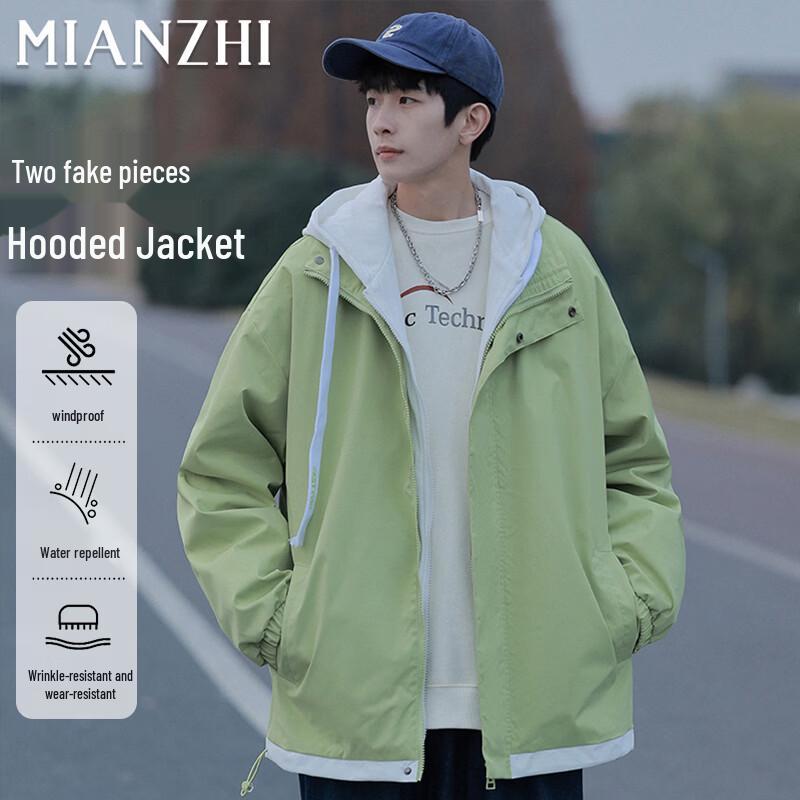 Men s Faux Two-Piece Hooded Windbreaker Jacket 4XL