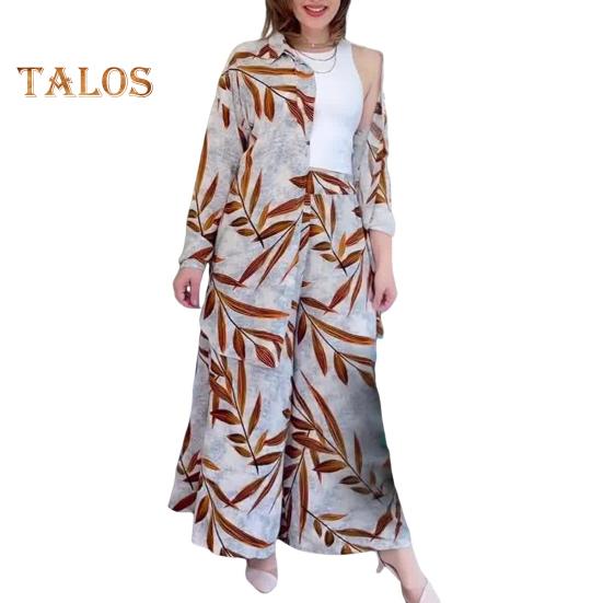 2-teiliges Set mit Hemd und Hose für Damen, Umlegekragen, einreihig, Blätterdruck, lange Ärmel, lockeres Oberteil in mittlerer Länge, elastische Taille, Hose mit weitem Bein, Sport