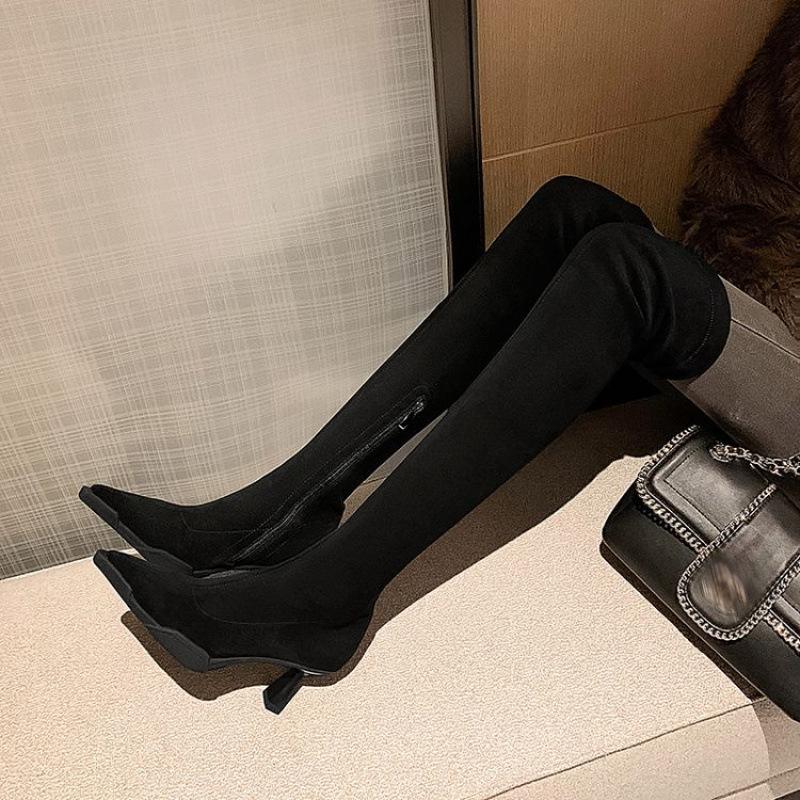 New European and American women's over-the-knee boots, black high-heeled round-headed thick-heeled autumn and winter women's leather boots,