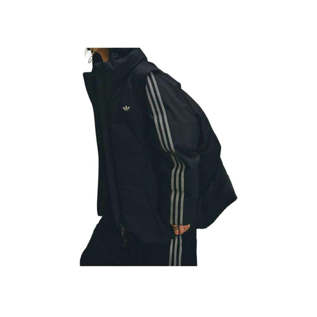 Adidas Originals x HAMCUS Co-Branded FW23 Solid Color Three-Stripe Logo Hooded Down Jacket With Zipper Unisex Outerwear Black IY5049