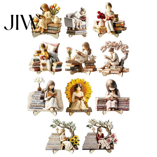 Stable Base Wooden Craft Reading Girl Figurine, Pastoral Style Statue Desktop Hand Painted Home Accessory Decor, Artistic Healing Ornament,