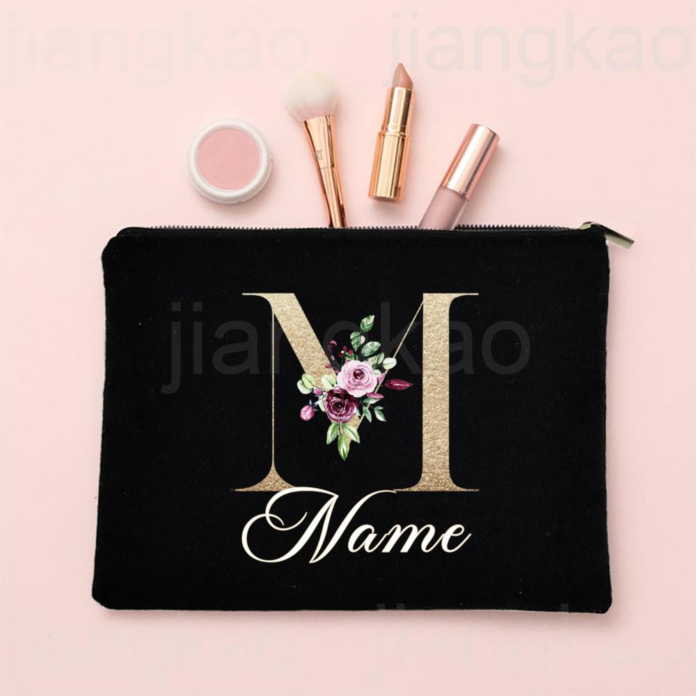 Personalised Letter with Name Makeup Bag Bridal Cosmetic Case Canvas Monogram Toiletry Bags Birthday Wedding Bridesmaid Gifts