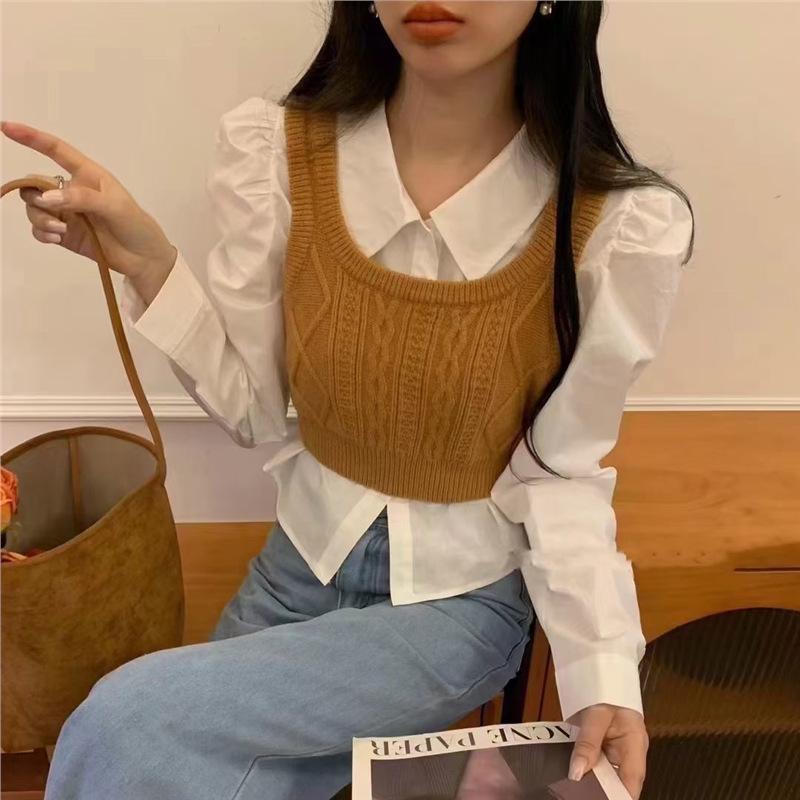 

Комплект: японский вязаный жилет с косами и многослойная рубашка без рукавов, осень 2024 L