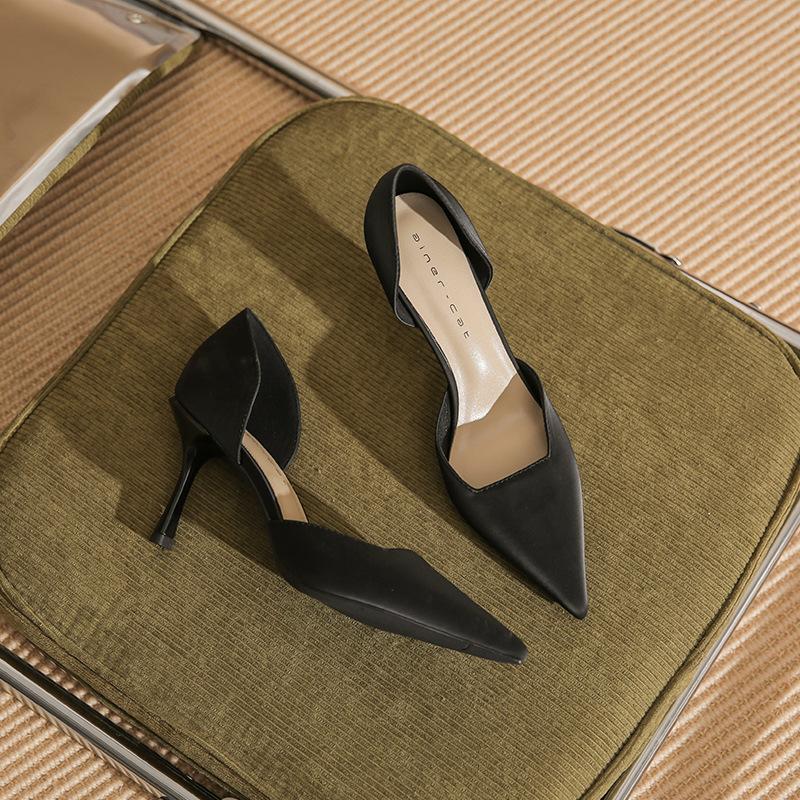 82319 [sheepskin] pointed high heels women's thin heels spring 2025 new French light mouth nude single shoes