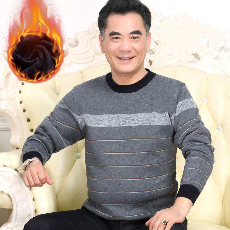 Men's Thick Fleece-Lined Sweater - Grandpa Style, Round Neck, Perfect for Winter Warmth