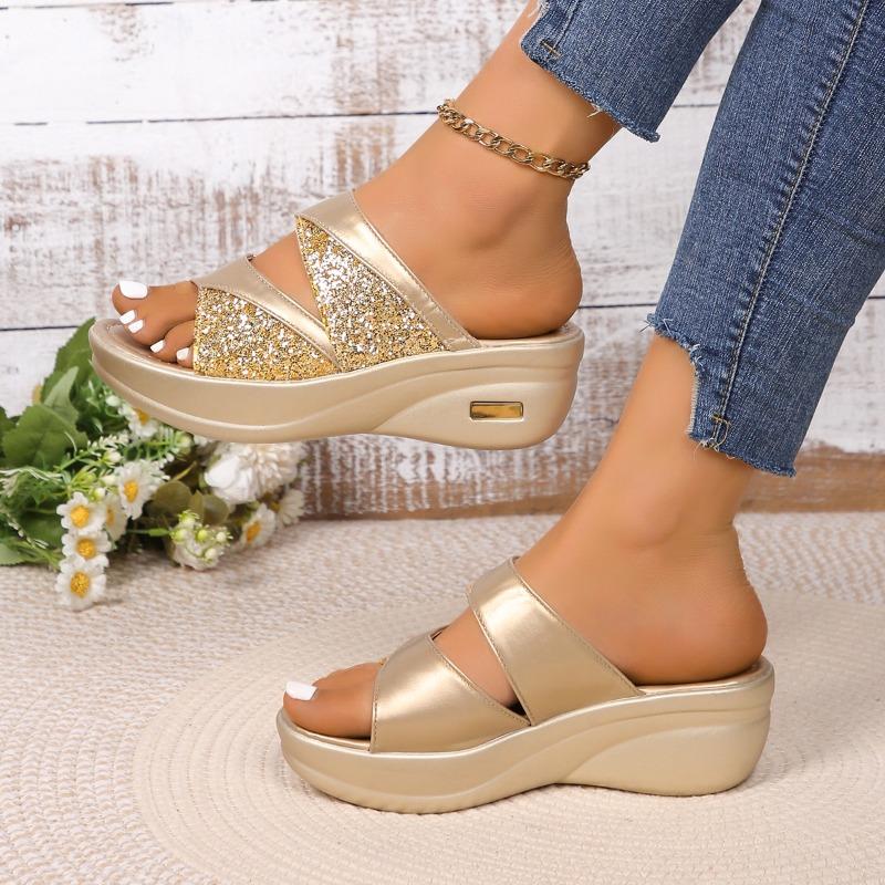 Cool slippers women's summer outer wear fashionable new thick-bottomed muffin wedge heel women's large-size fish mouth sequined women's slippers