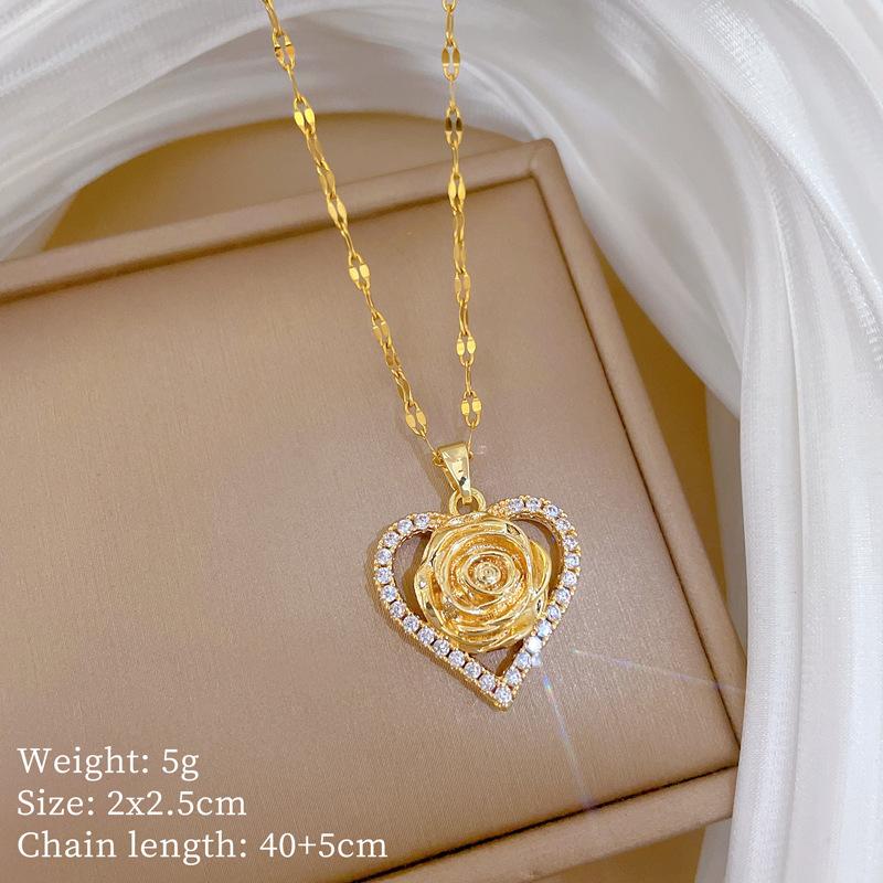Titanium Steel, Love Rose Zircon Light Luxury Temperament Gorgeous Full Diamond Necklace Female Versatile Collarbone Titanium Steel