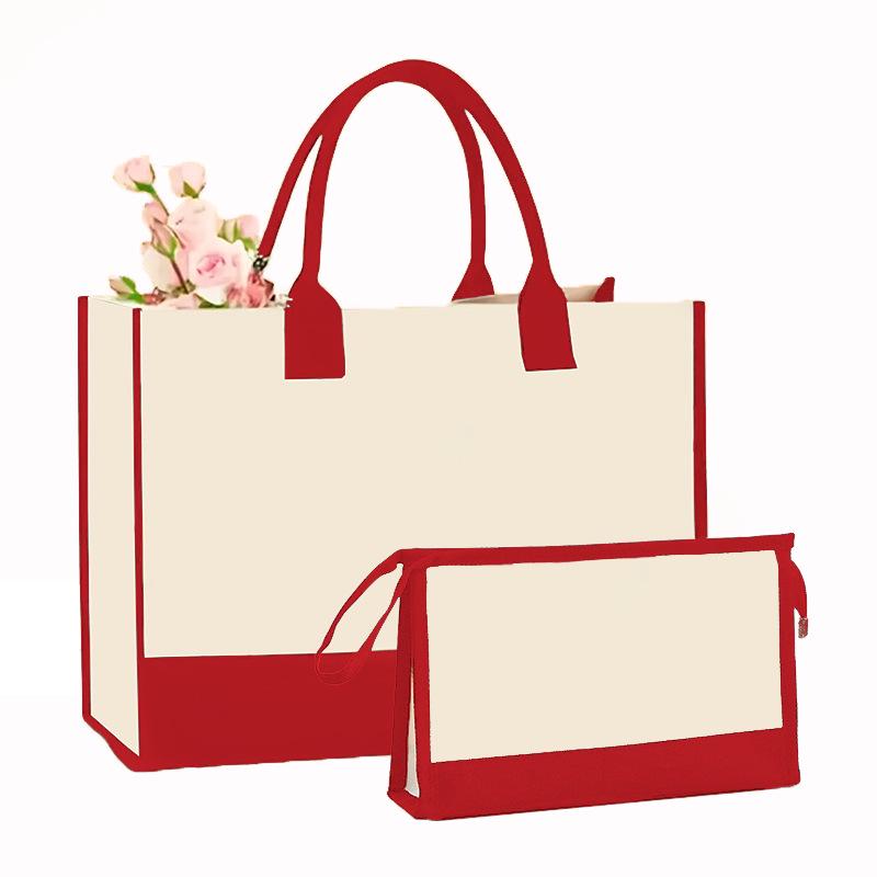 Canvas Shoulder Bag Makeup Set with Color Block Print & Portable Zipper Clutch