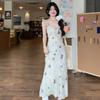 Butterfly print lotus leaf edge v-neck suspender dress women's summer seaside vacation wind waist a word hip long skirt