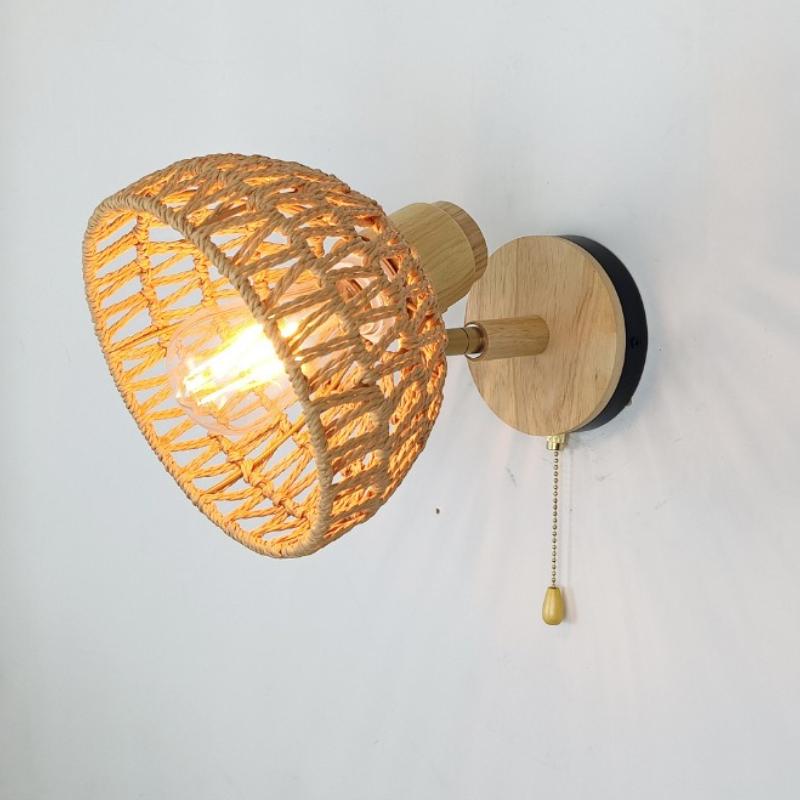 New Retro Hemp Rope Woven Wooden Wall Lamp Bedroom Bedside Lamp Living Room Dining Room Study Decorative Lighting E27