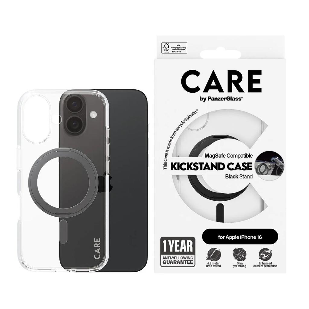 CARE by PanzerGlass Feature Case Transparent w. Black Kickstand & MagSafe iPhone 16 | CARE