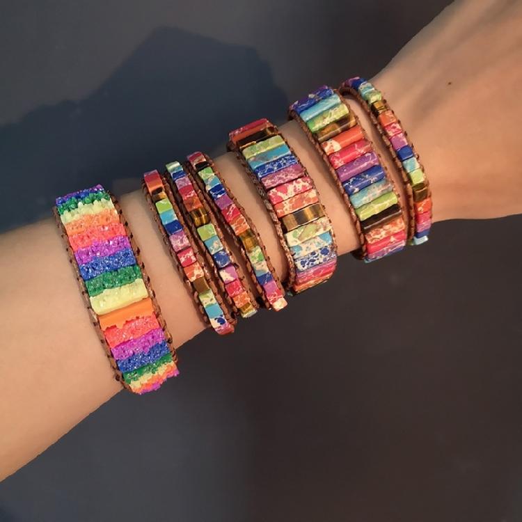 Stone Wrap Leather Bracelets Vintage 2 Strands Multilayer Woven for Women Men