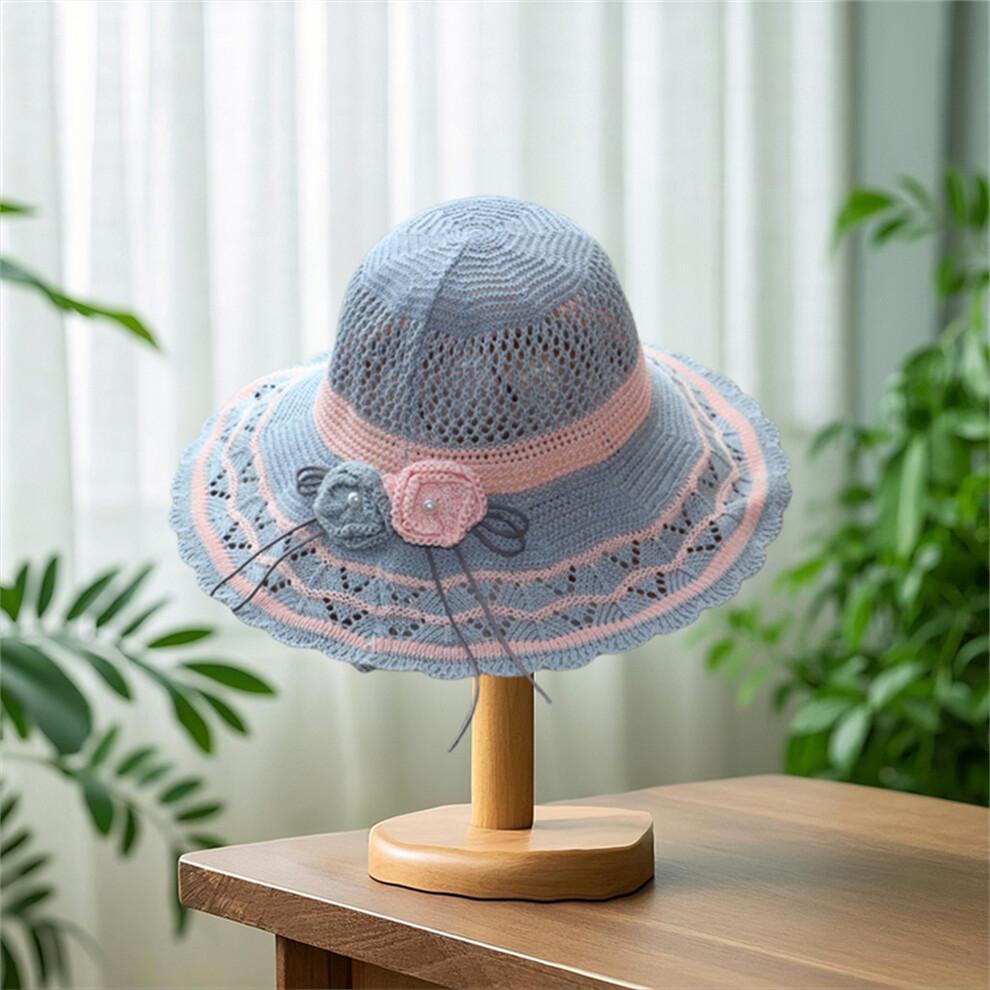 (One Size, Gray) Women Summer Knit Sun Hat Breathable Crochet Flower Wide Brim Sun Protection Fisherman Cap