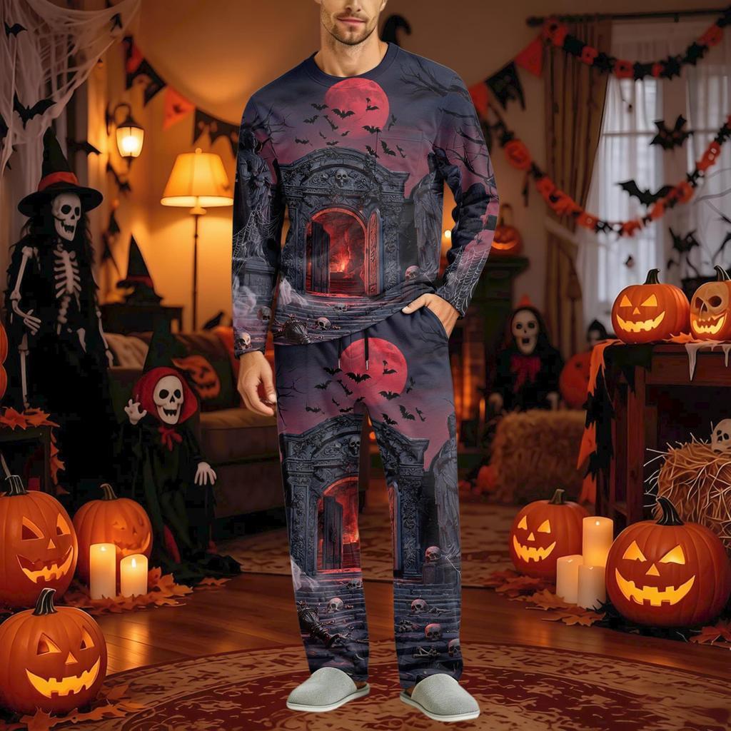 Men's Halloween Pajama Set Long Sleeve with Buttoned Crotch and Elastic Drawstring Waist Sleepwear