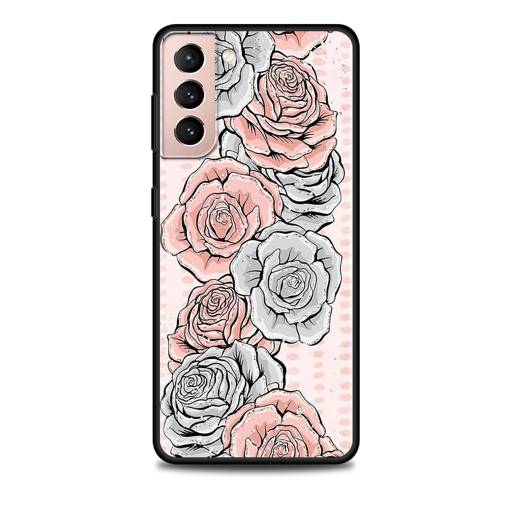 Pink Rose Bling Print Case for Samsung Galaxy S20 FE S21 S22 Ultra S10 Plus S9 S8 S10e S7 Edge Silicone Black Soft Phone Cover
