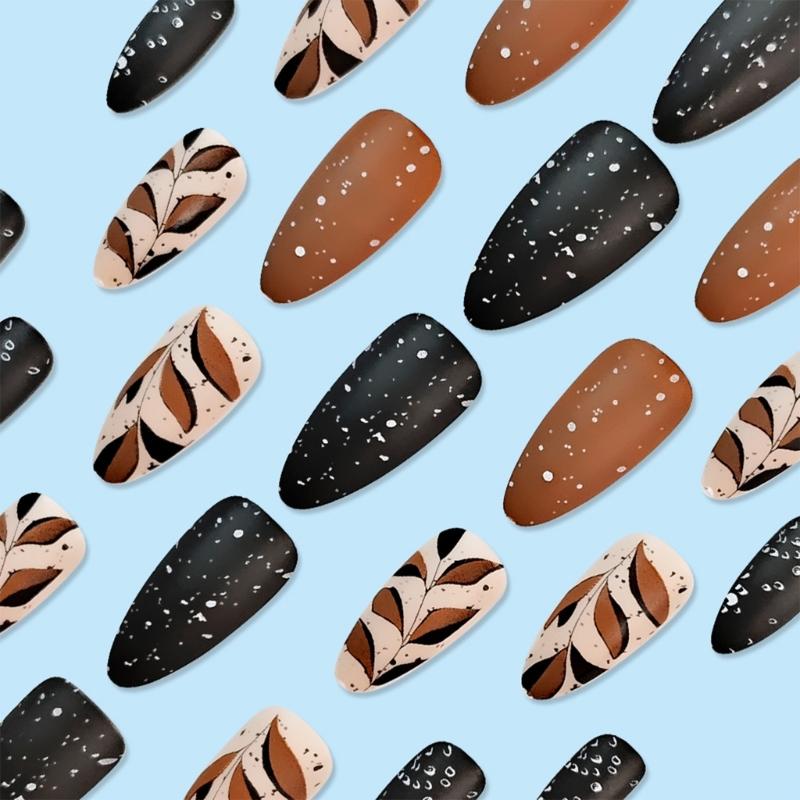 24 Pcs Coffee Leaves Full Cover Stick On Nail Fall False Nail Press On Nail Long Almond Artificial Nail for Women