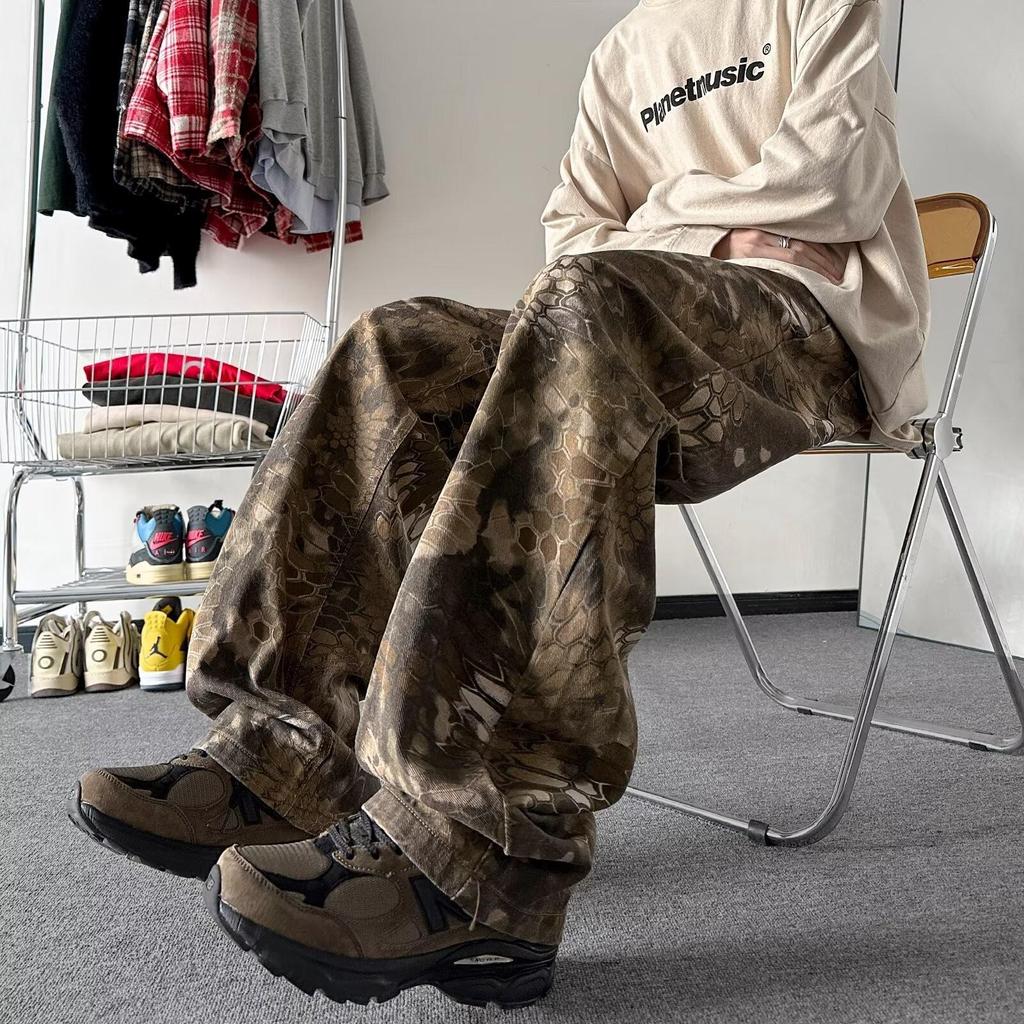 Men's American Retro Snake Print Camouflage Jeans