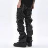 STREETRICH Hip Hop Pánské plisované kalhoty z PU kůže Harajuku Retro Streetwear Volné řasené ležérní kalhoty Rovné jednobarevné černé kalhoty