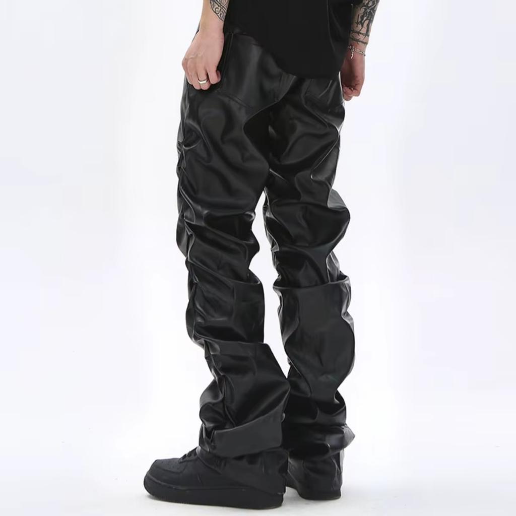 STREETRICH Hip Hop Pánské plisované kalhoty z PU kůže Harajuku Retro Streetwear Volné řasené ležérní kalhoty Rovné jednobarevné černé kalhoty