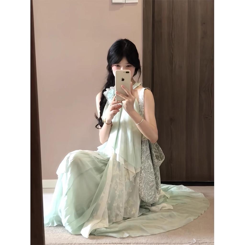 French gentle wind irregular neck dress women's summer princess dress seaside vacation mesh dress elegant