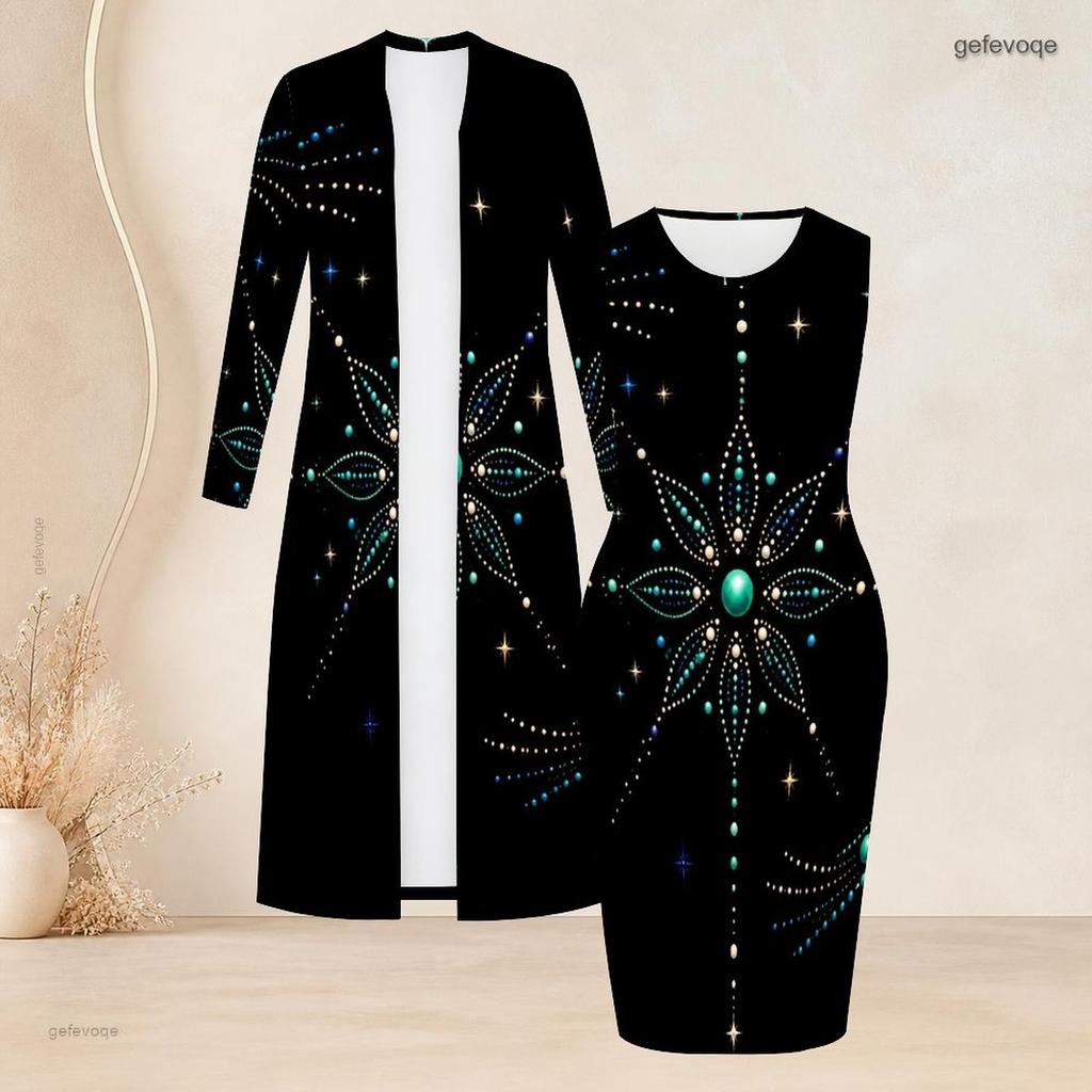 Women Plus Size Printed Two Piece Set Long Sleeve Open Front Cardigan Sleeveless Bodycon Dress