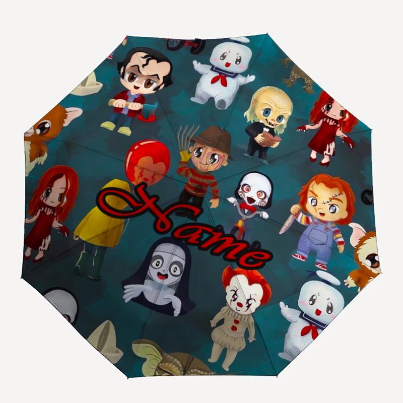 Custom Name Halloween horror Theme Automatic Umbrella, Lightweight & Portable, 8 Rib, Perfect for Outdoor Travel, Birthdays, Christmas, Gifts.