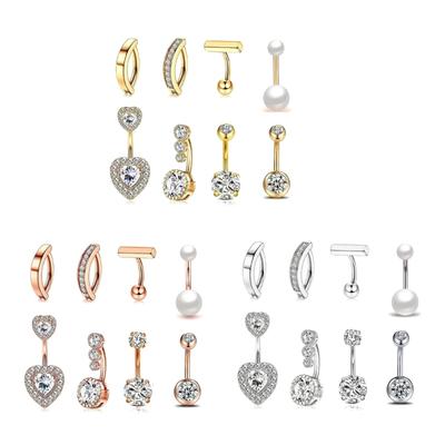 8pcs Stainless Steel Navel Rings Gold Color Belly Button Rings with Crystal Women Men Body Piercing Ornament Unique
