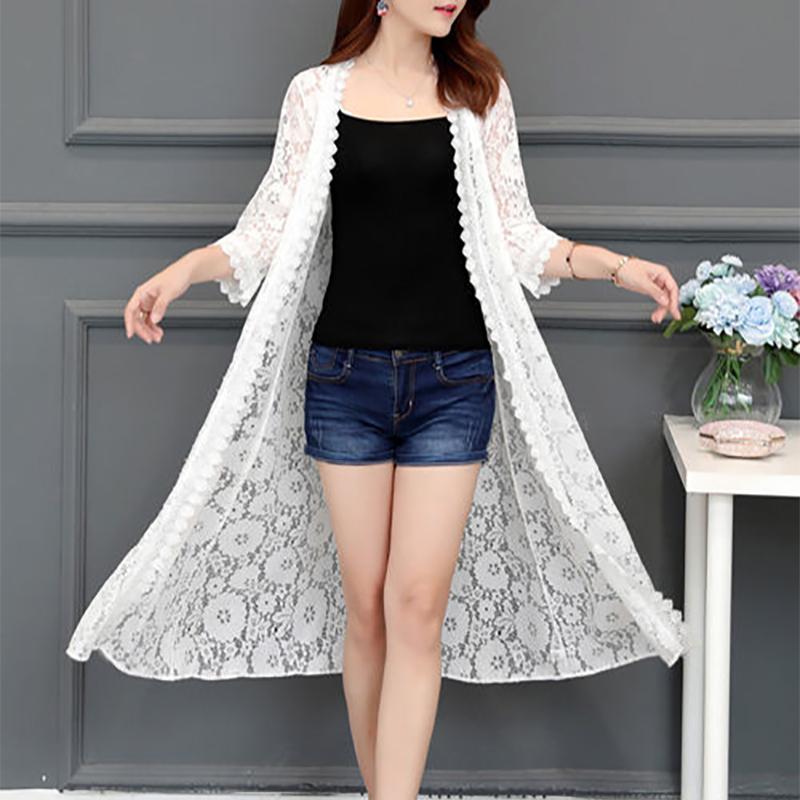 Spitzen-Cardigan, mittellanger Sommer-Mesh-Schal mit lockerer Sonnenschutzkleidung über dem Knie, Damen-Jackenhemd
