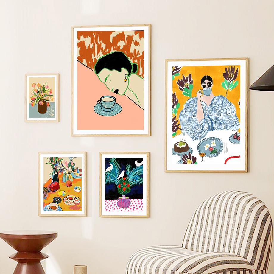 

Кофейная девушка, тропическая женщина, ваза для цветов, растение, настенная живопись, постер и принт, настенная картина для гостиной