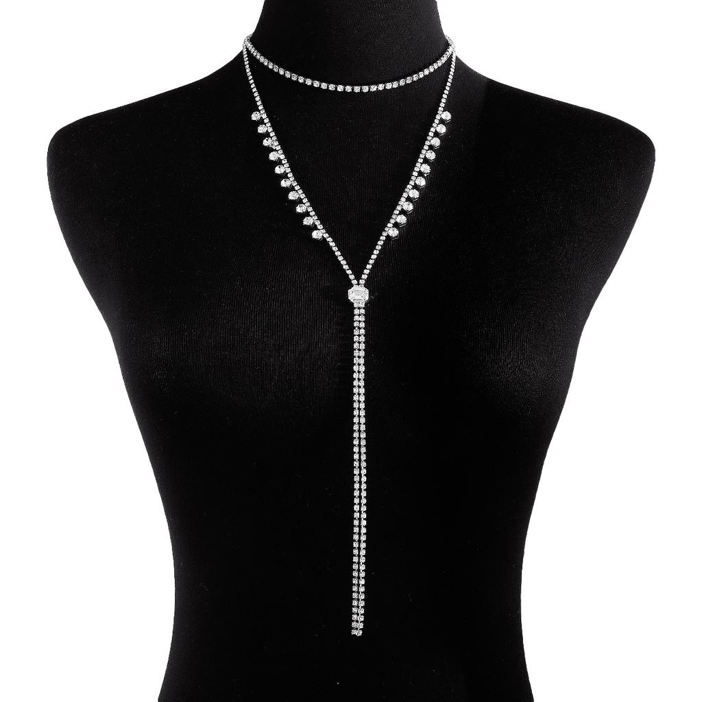 Women European Minimalist Y‑Shaped Long Choker Full Rhinestone Chain Geometric Necklace Jewelry