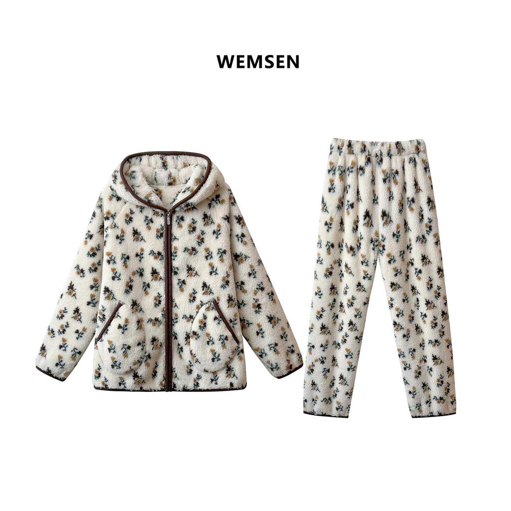 Women's Floral Double-Sided Coral Fleece Pajama Set - Thick, Loose, Fluffy Winter Home Wear