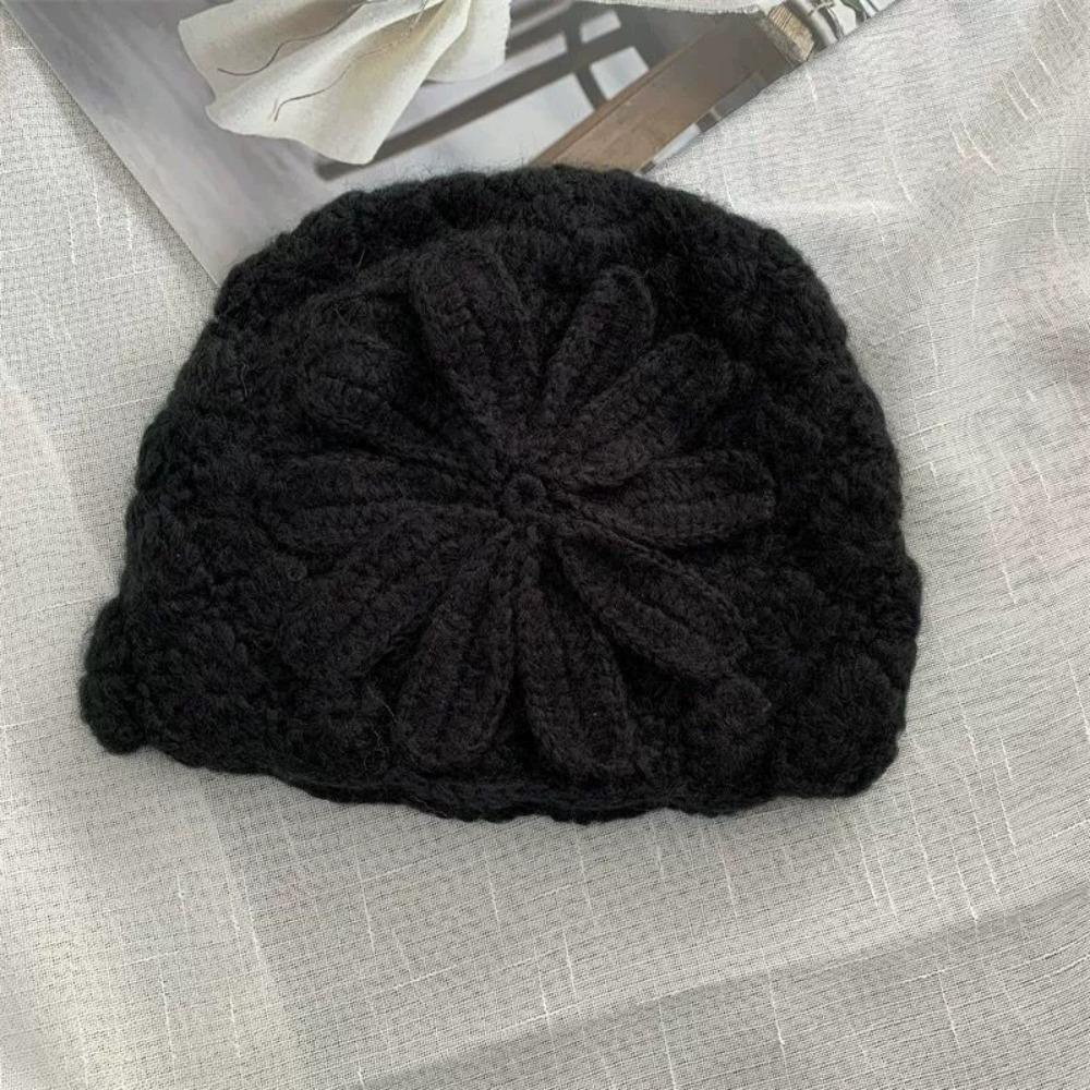 Flower Decorated Knitted Cap Warm Women's Beanie Retro Woolen Cap Outdoor