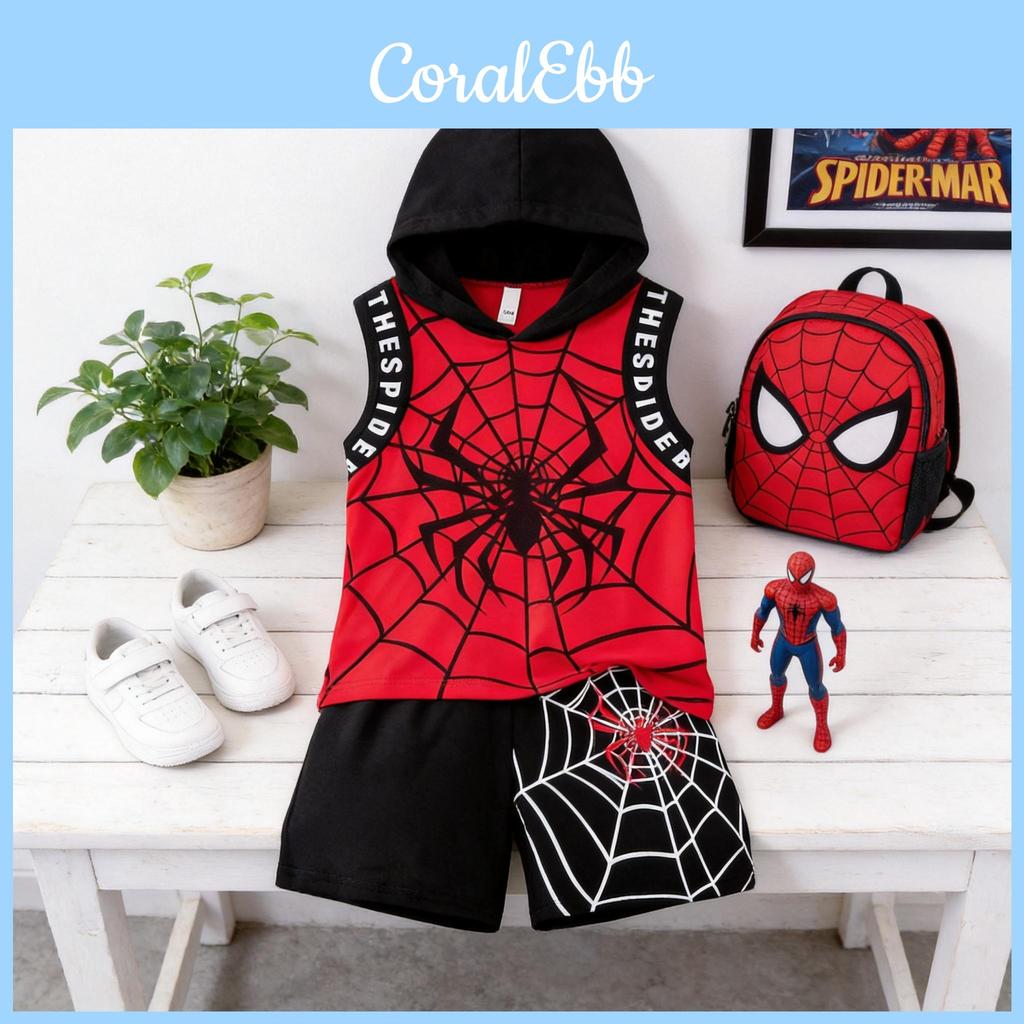 Spiderman Kids Short Sleeve Twopiece Set With Hoodie Cotton Summer Outfit For Children