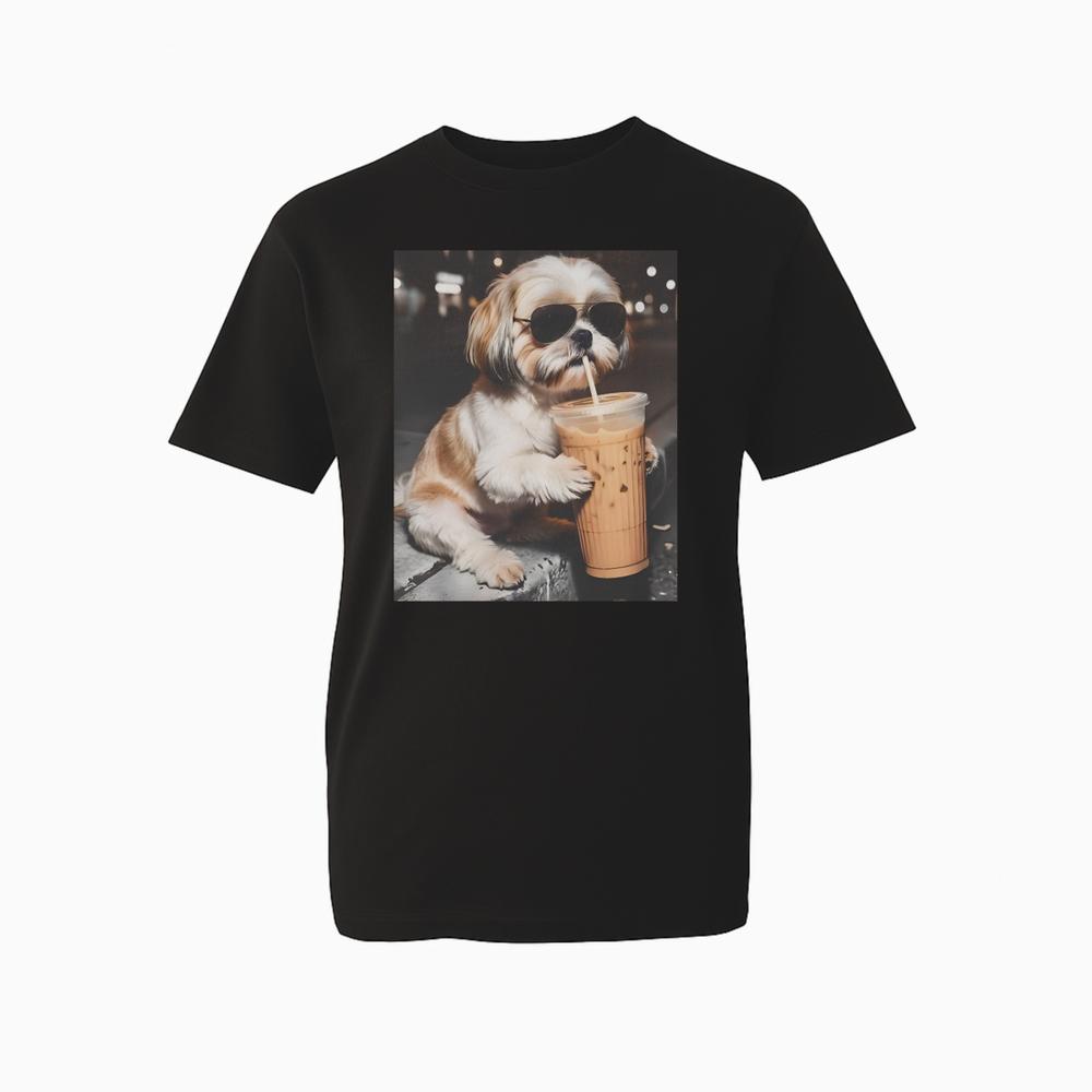 Funny Shih Tzu TShirt Drinking Iced Coffee Dog Lover 100 Cotton Graphic Tee