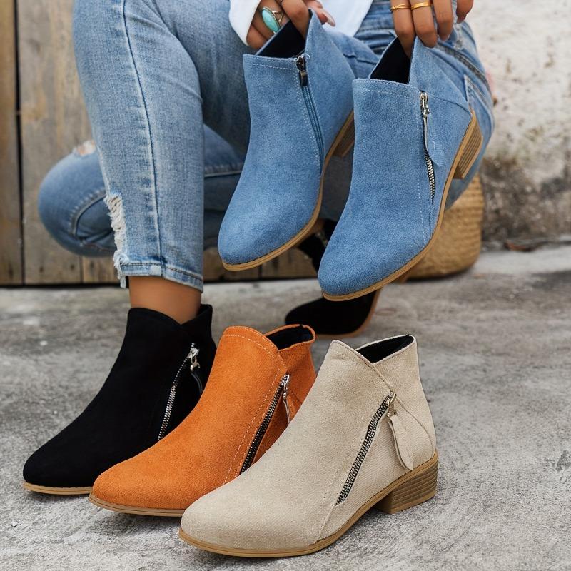 Dames Vintage Stijl Stoffen Enkellaarsjes met Middelhoge Blokhak en Effen Neus Rits Sluiting - TPR Zool, Stoffen Binnenzool & Voering, Casual Enkellaarsjes voor Alle Seizoenen