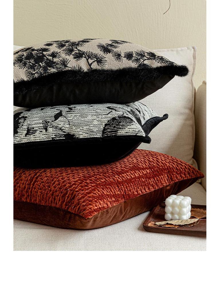 Oriental Pine Crane & Bamboo Embroidered Cushion Set – Chinese Style Sofa Décor