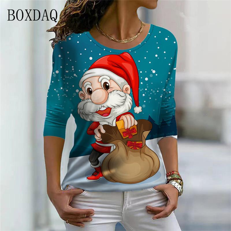 Santa Claus And Snowman Pattern Women Streetwear T-shirts Autumn Winter Long Sleeve 3d Print Christmas Style Ladies Casual Tops