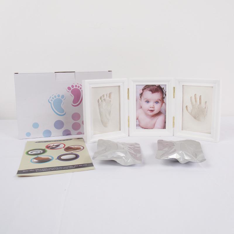 European Style Solid Wood Triple Photo Frame with Baby Hand & Footprint Ink Pad Souvenir