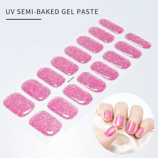 16Tips UV Semi-Cured Gel Nail Art Stickers Combo Pack Glitter High-Gloss Water-Proof Polish Wraps Full Cover Manicure Nails