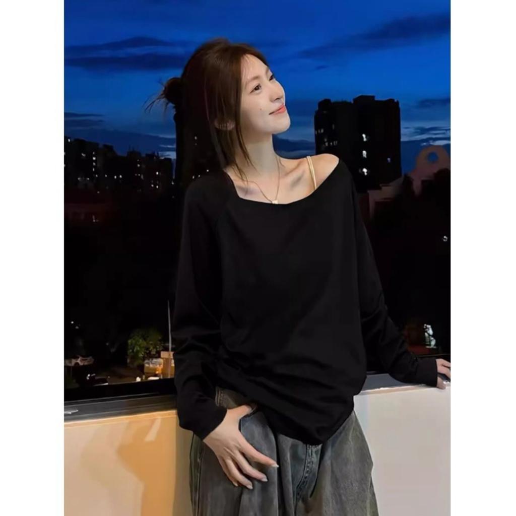 Dames Off Shoulder Lange Mouwen Losse Pasvorm T-shirt Effen Kleur Casual Herfst Top