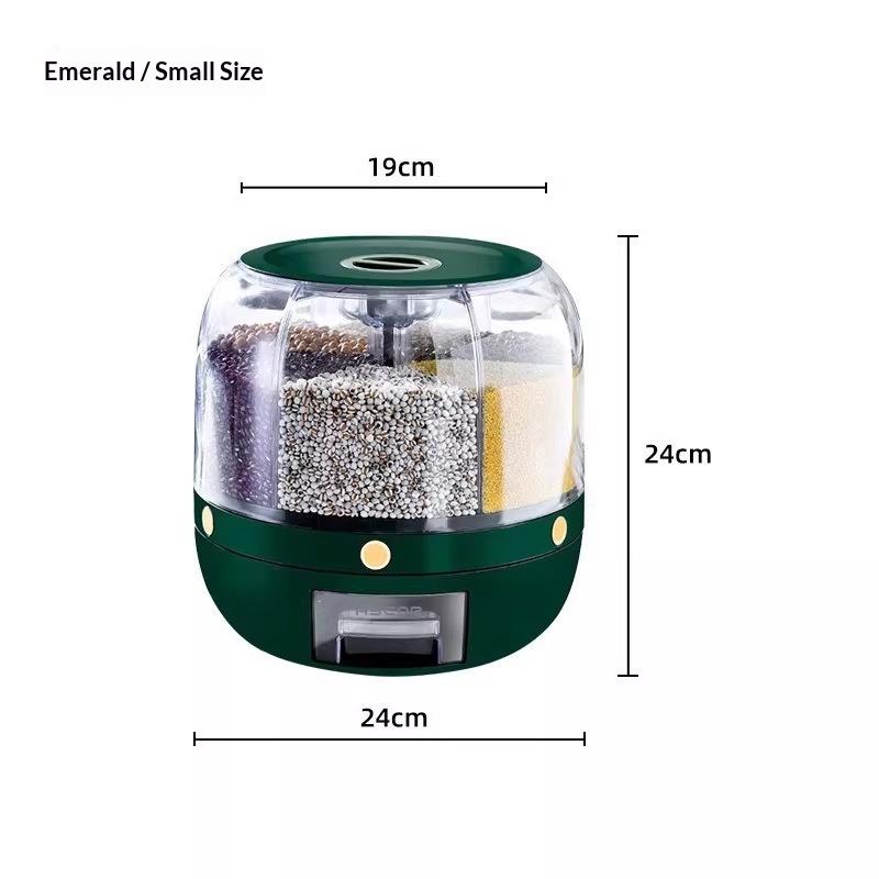 

360° Rotating Rice Storage Box 6 Grid Divided Food Dispenser Airtight Grain Container Insect Proof Moisture Proof for Kitchen