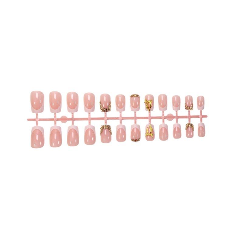 French Style Diamond Bow Fake Nails Medium Square False Nail Tips