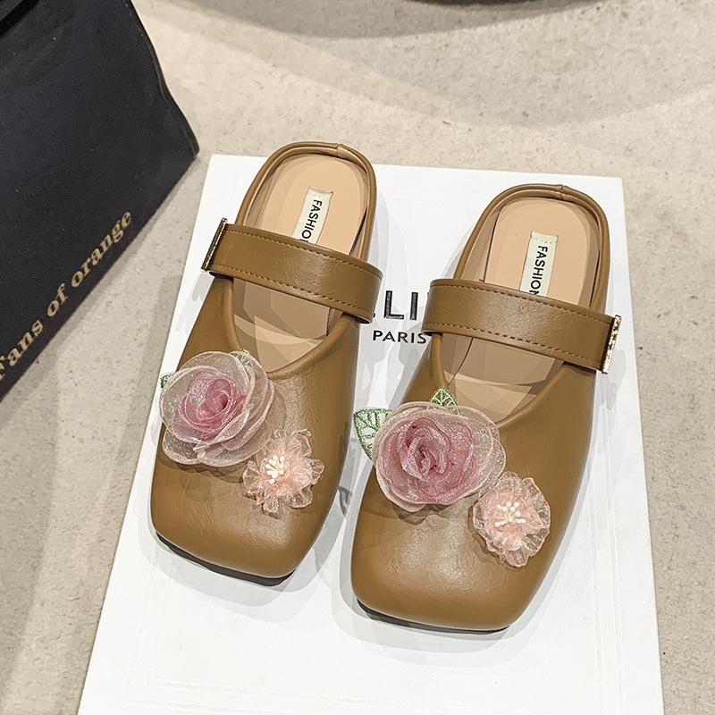 

French temperament flat-soled sandals bag head half slippers women s 2025 new summer soft-soled versatile retro single shoes 40 хакі
