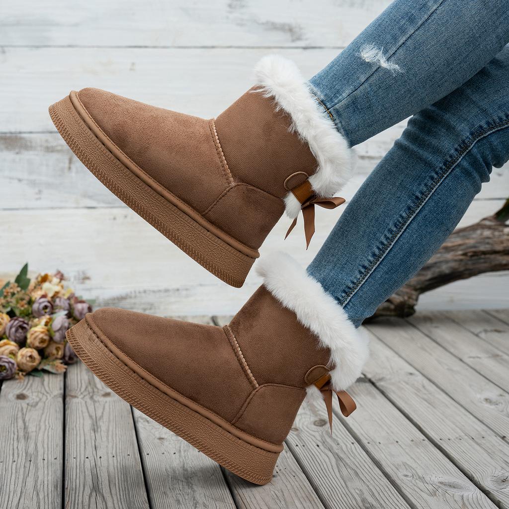 Women Boots Fashion Casual Flocking Winter Warm Ankle Length Comfortable Snow Shoes Women Bow Tie Female Boots Ladies