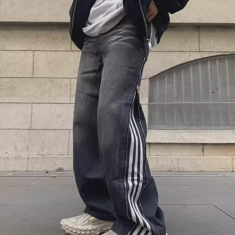 Pánské černé pruhované retro džíny s rovnými nohavicemi - Jarní/podzimní móda