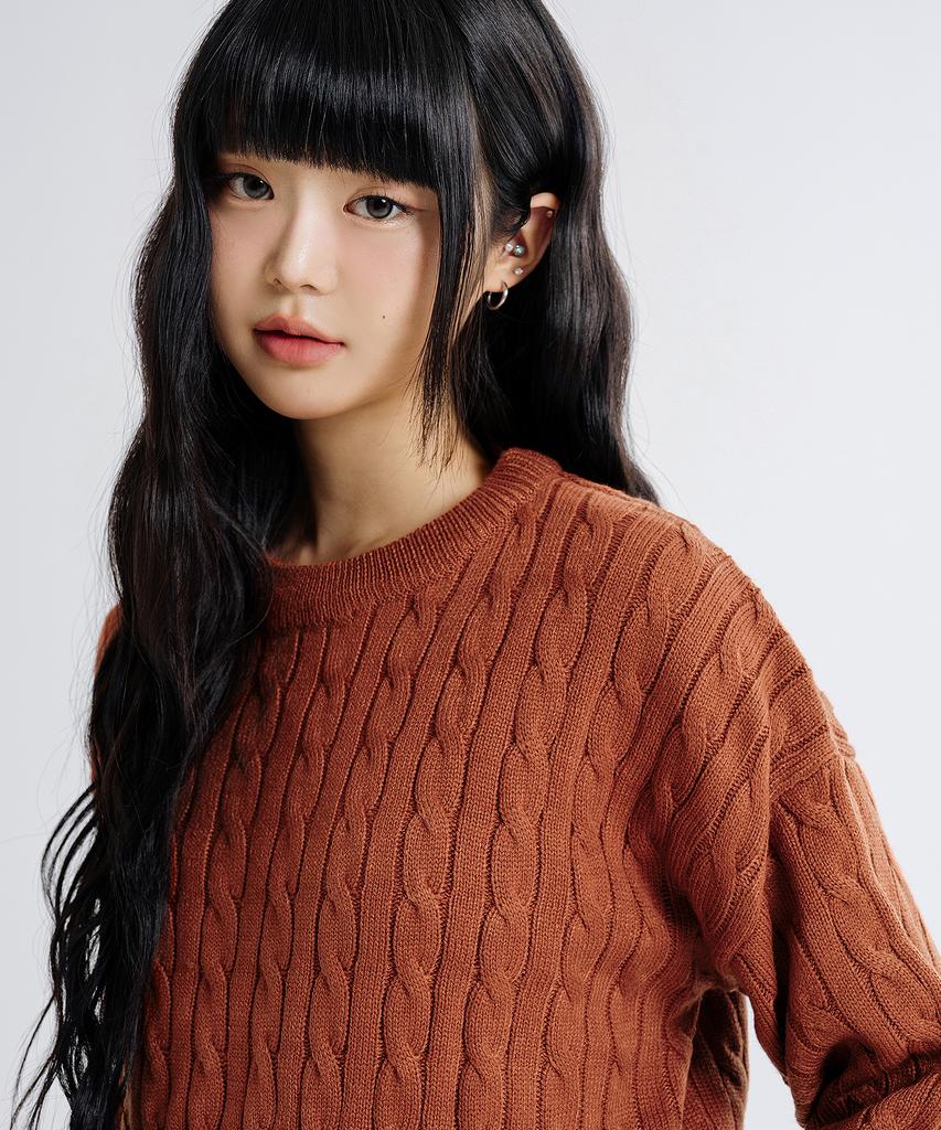 LEMAIN SECOND Oversized Voluminous Washable Crew Neck Cable Knit [Brick]