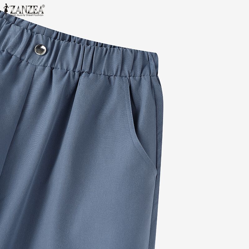 ZANZEA Women Casual Elastic Waist Solid Color Loose Long Pants