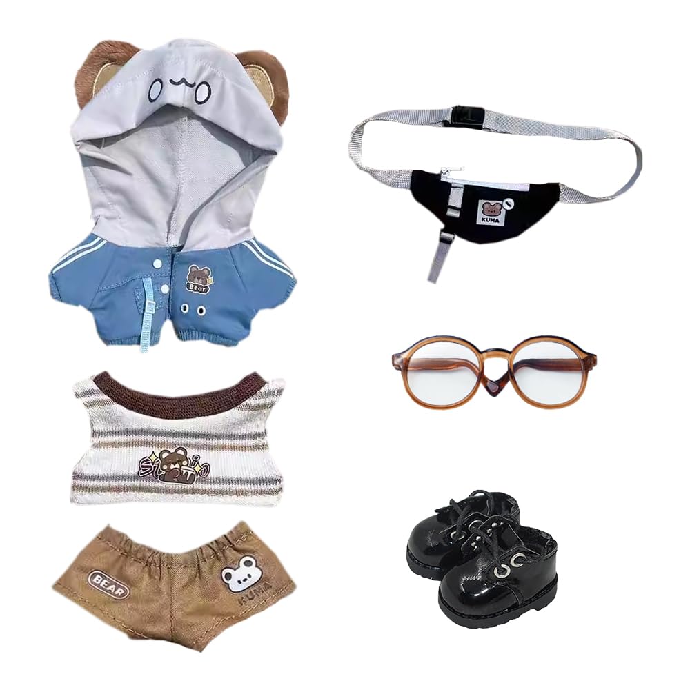 niannyyhouse 10cm 15cm 20cm Plush Toy Outfit Set: Hoodie, Vest, Pants, Backpack, Glasses, Shoes, Wolf and Bear Costume, Cotton Doll Dress-Up
